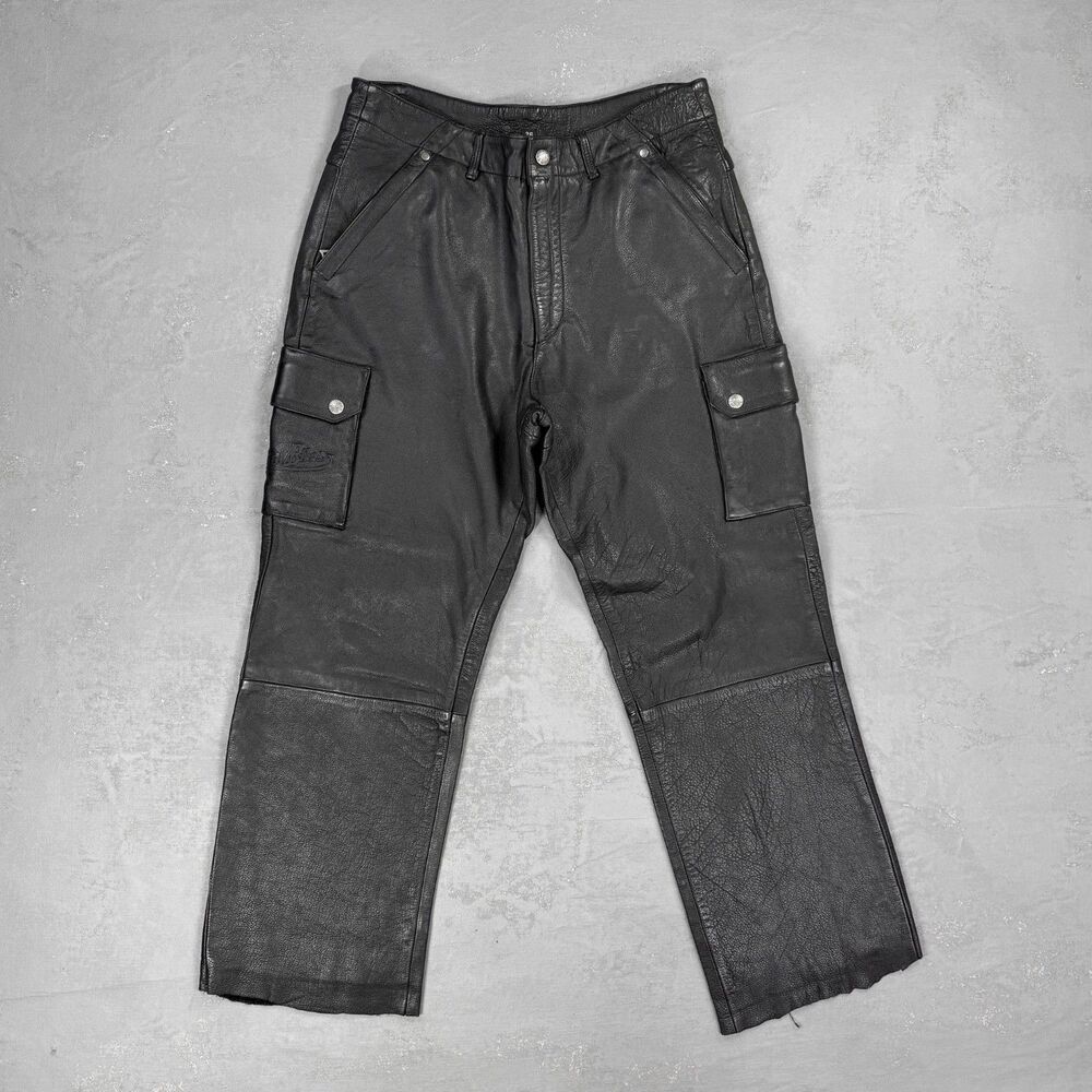 Vintage Flying Bikes Oakwood Black Pebbled Leather Cargo Pants Size 36